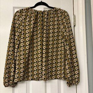 Melloday Blouse Size S Olive  Brown Floral Long Sleeve V Neck Boho Peasant